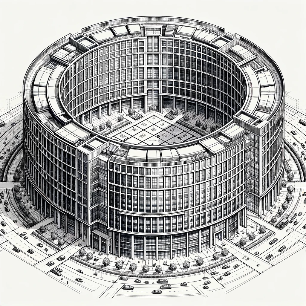 DALL·E 2023-10-29 00.16.19 - Isometric perspective line sketch in black and white illustrating a realistic blueprint of a large-scale circular modern office building. The drawing 